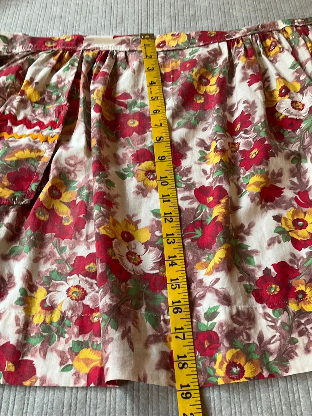 Vintage 1/2 apron, red, yellow, white flowers.